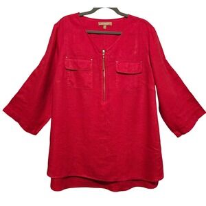 Ellen Tracy Red Linen Zip Front Tassel Tunic Top Womens 1X 3/4 Sleeve Pockets